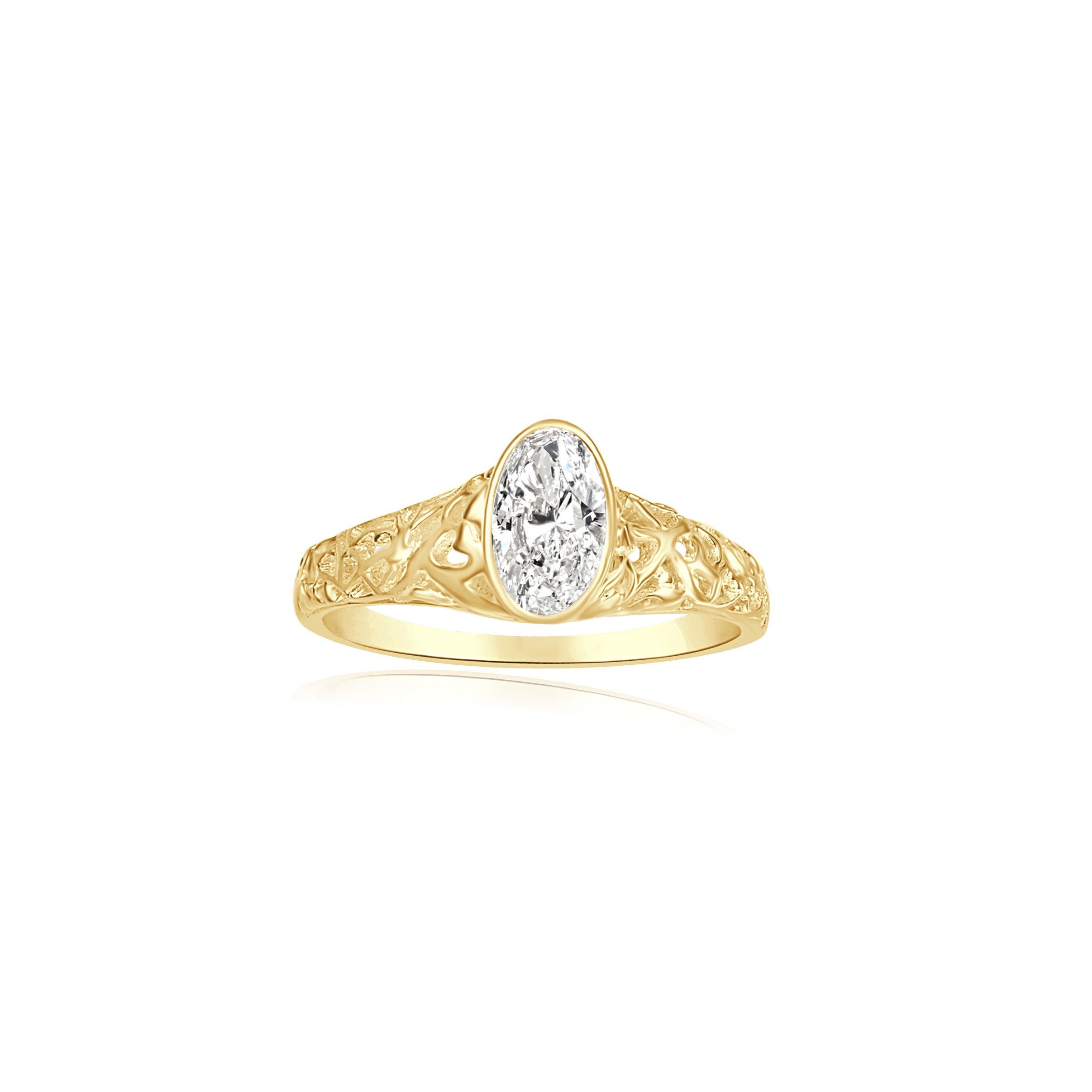 14KY GOLD .83CT OVAL DIAMOND BEZEL FILIGREE RING