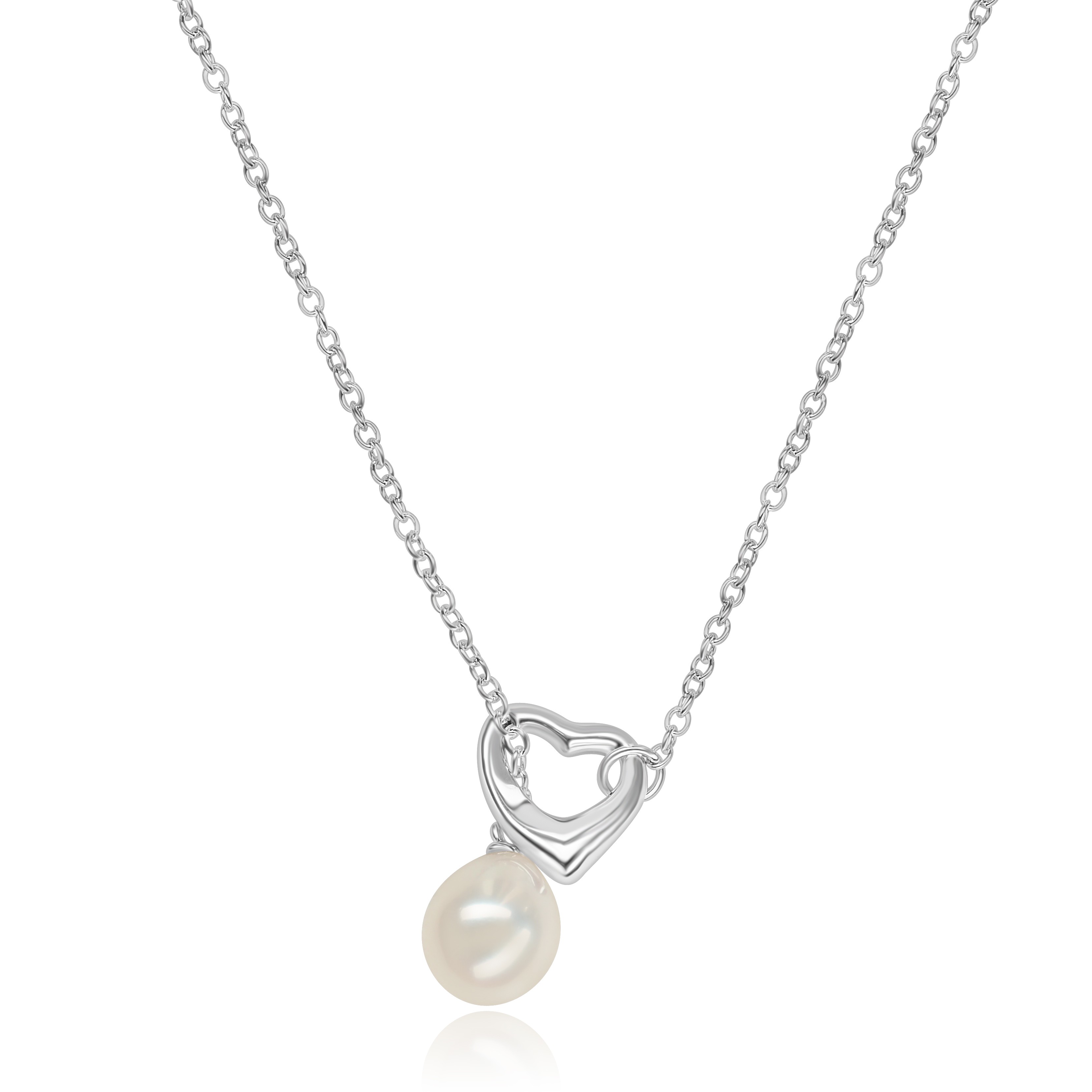 SILVER HEART AND FRESH WATER PEARL LARIAT NECKLACE 7.5-8MM TEAR DROP PEARL 19"
