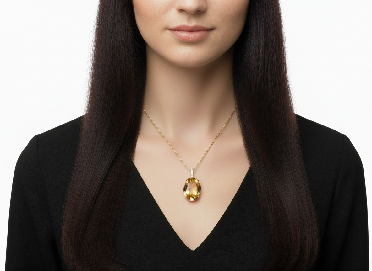 14KY GOLD 18.39CT OVAL CITRINE PENDANT 7D=.07CT 16"