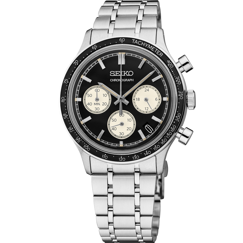 SEIKO ESSENTIALS BLACK/DIAL BEZEL CHRONOGRAPH SS BRACELET WATCH