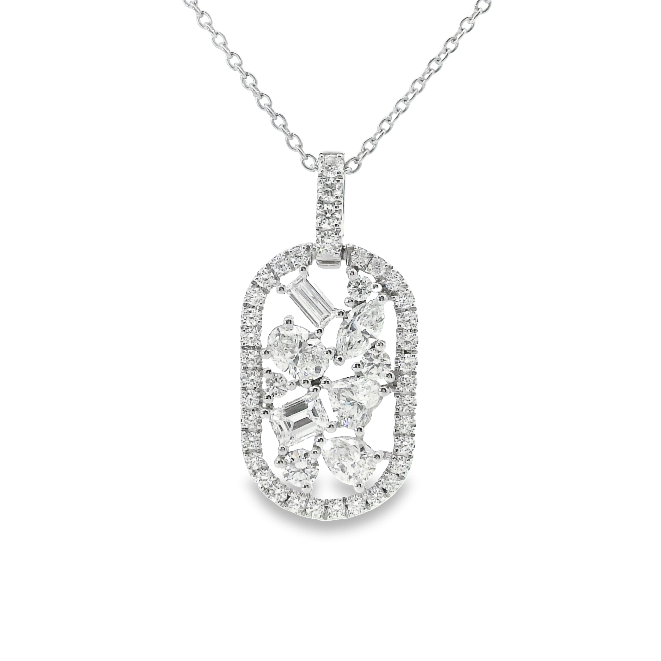 18KW GOLD MULTI SHAPE DIAMOND CLUSTER HALO PENDANT 1.76CT 16" 14KW CHAIN