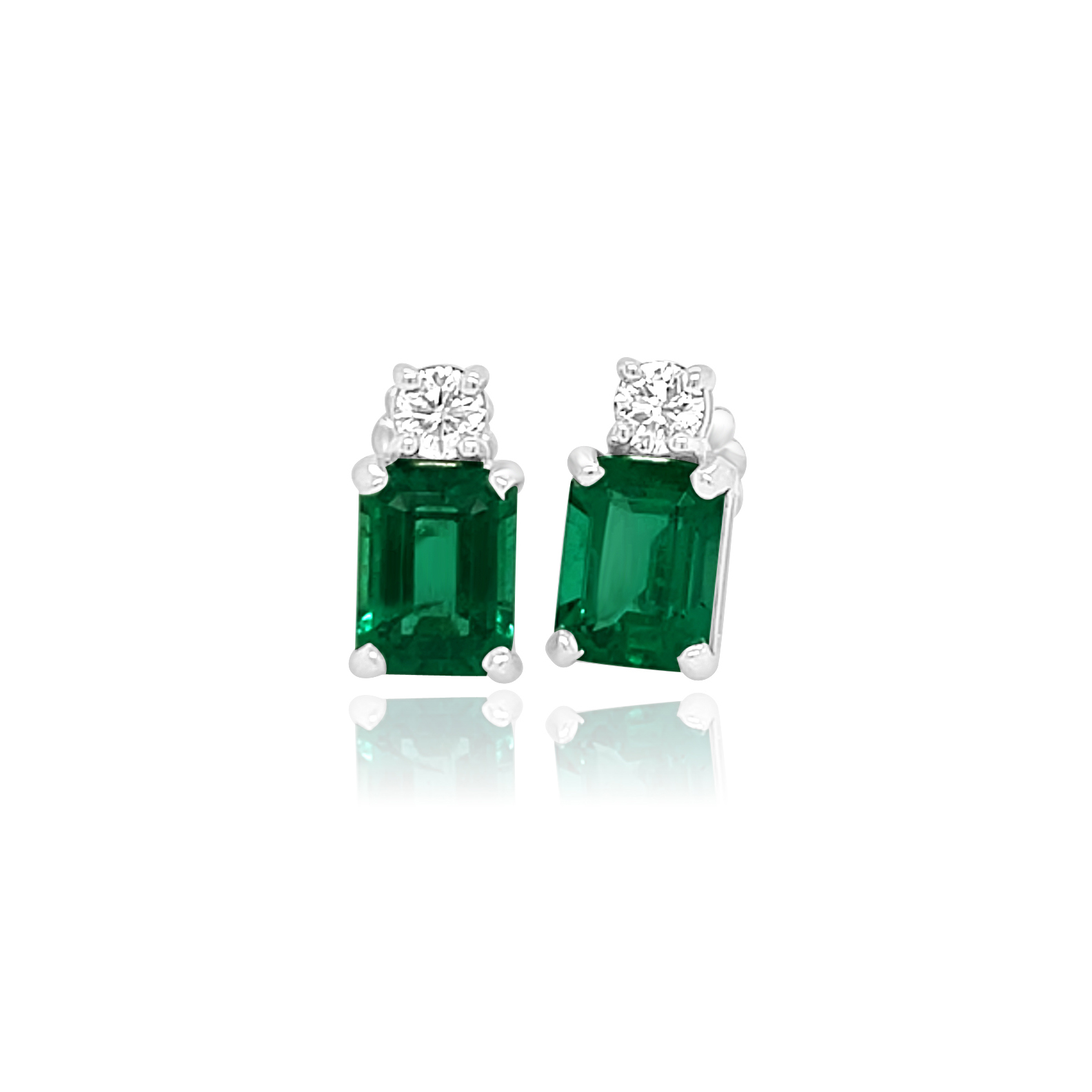 14KW GOLD EMERALD CUT EMERALD AND ROUND DIAMOND STUD EARRINGS EM=3.00CT D=.33CT